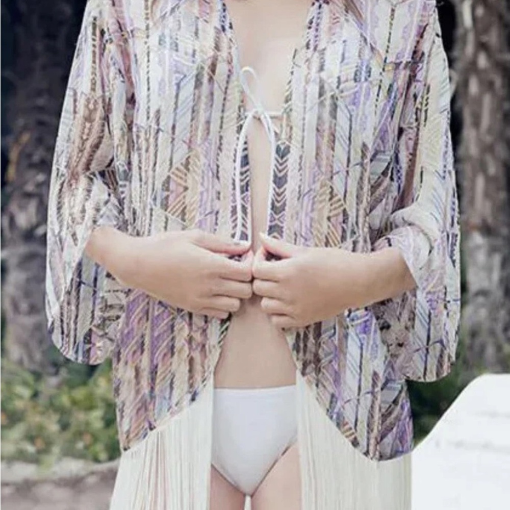 AS By DF Caravan Gypsy Kimono 100% Silk Size Medium Boho Fringe Festival Party